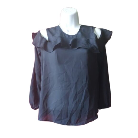 Long Sleeve Black Blouse Blousy Top with Shoulder Cut Outs Size Medium - Picture 1 of 5